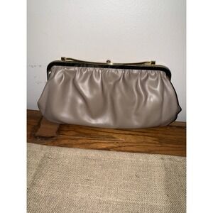 VTG Taupe/ Winter White Reversible Leather Clutch Handbag (1960s) Locking Lever
